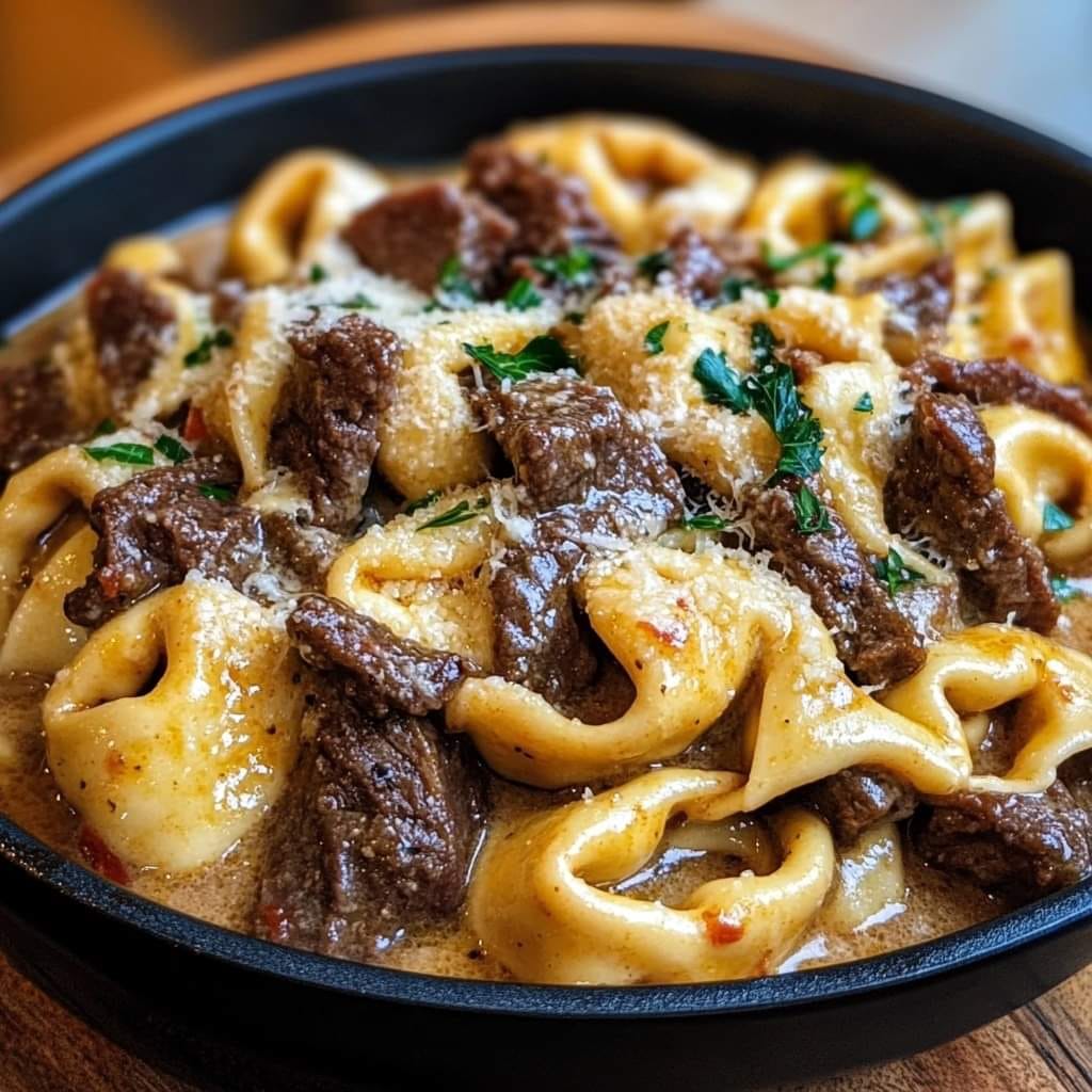 Cheesesteak Tortellini in Creamy Parmesan Sauce