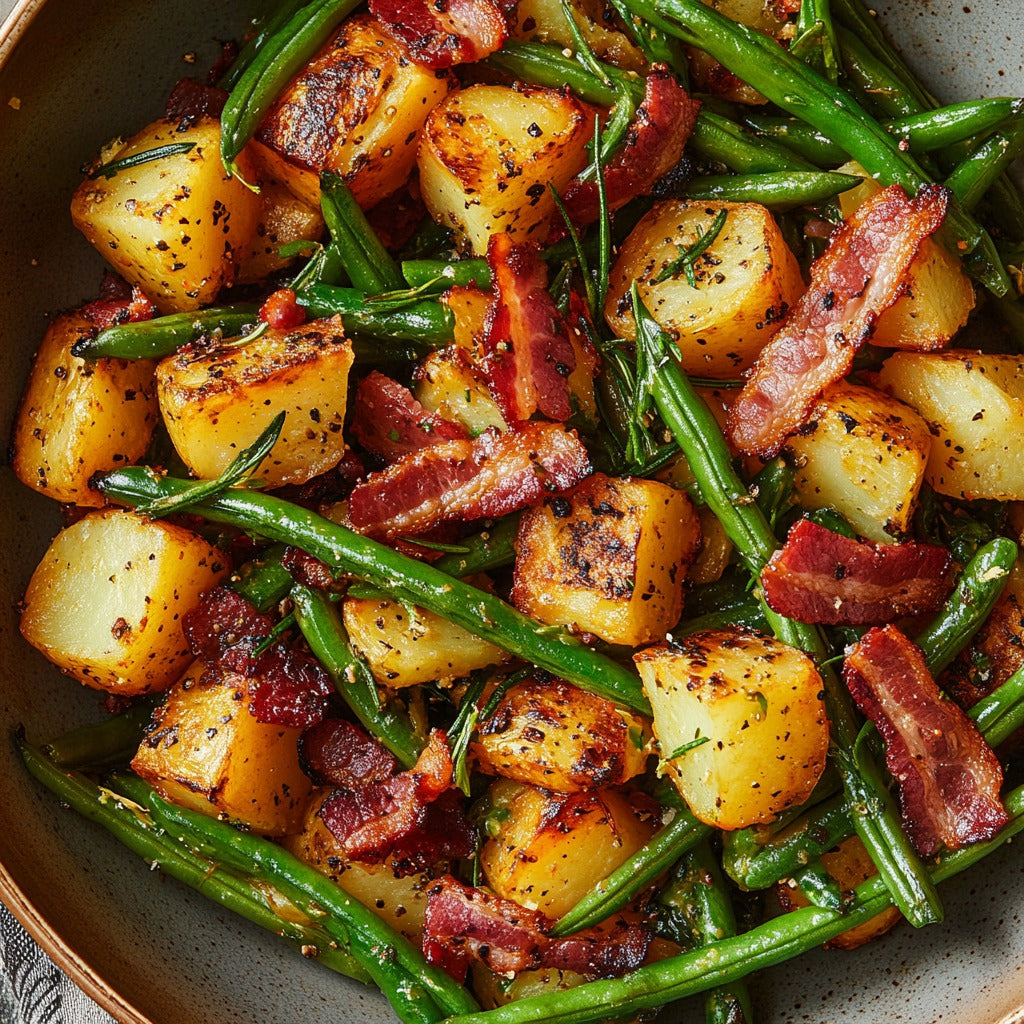 Garlic Herb Roasted Potatoes and Green Beans with Bacon