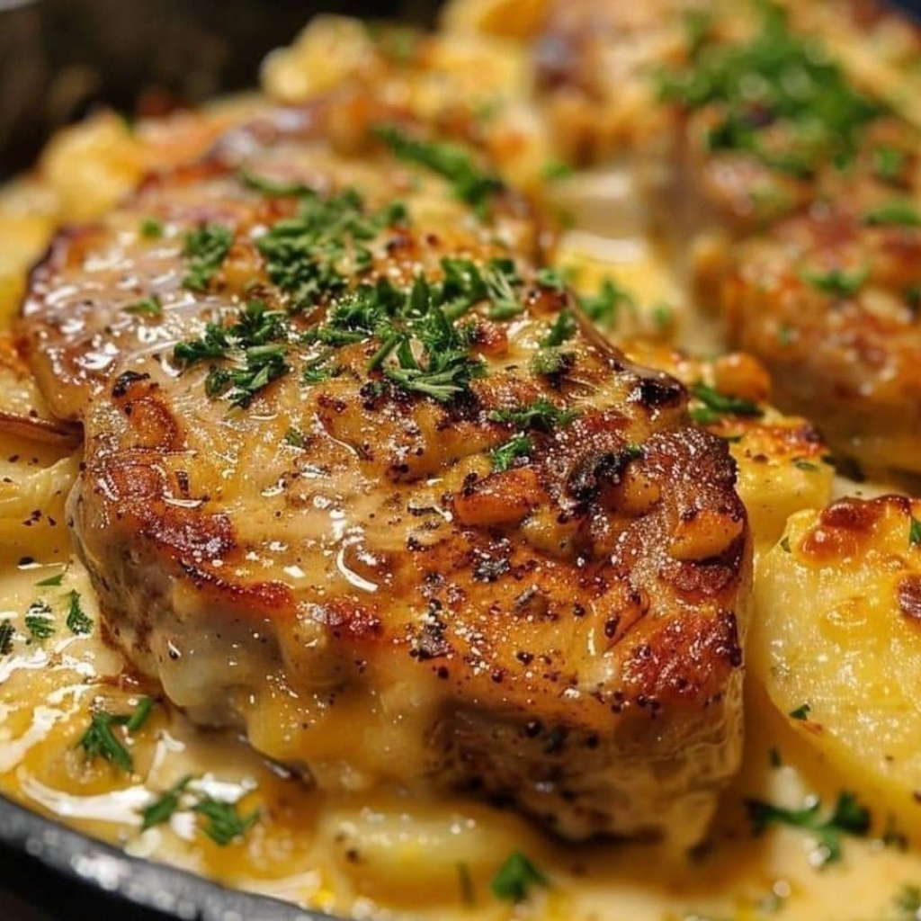 Garlic Parmesan Pork Chops with Cheesy Scalloped Potatoes