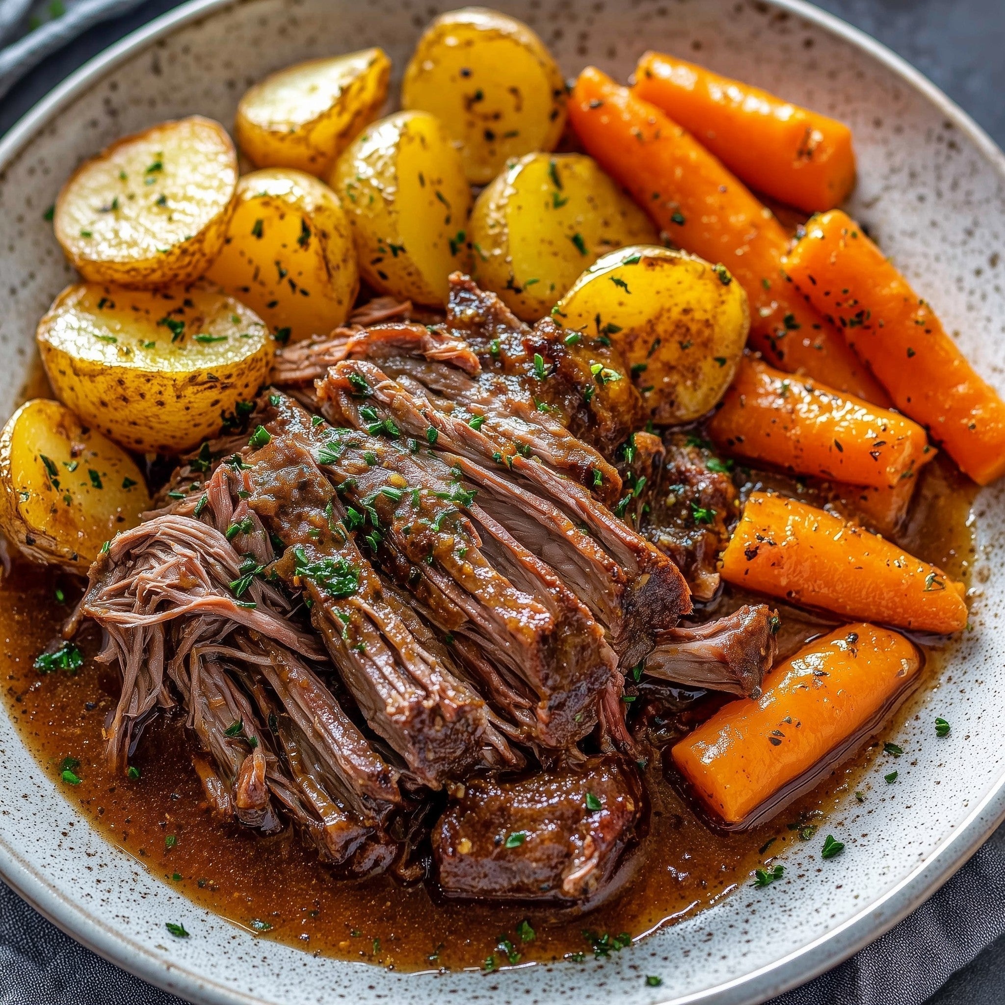 Slow Cooker Steakhouse Pot Roast with Roasted Veggies
